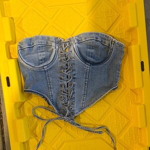 Denim Lace-Up Corset Bustier Top - Light Blue